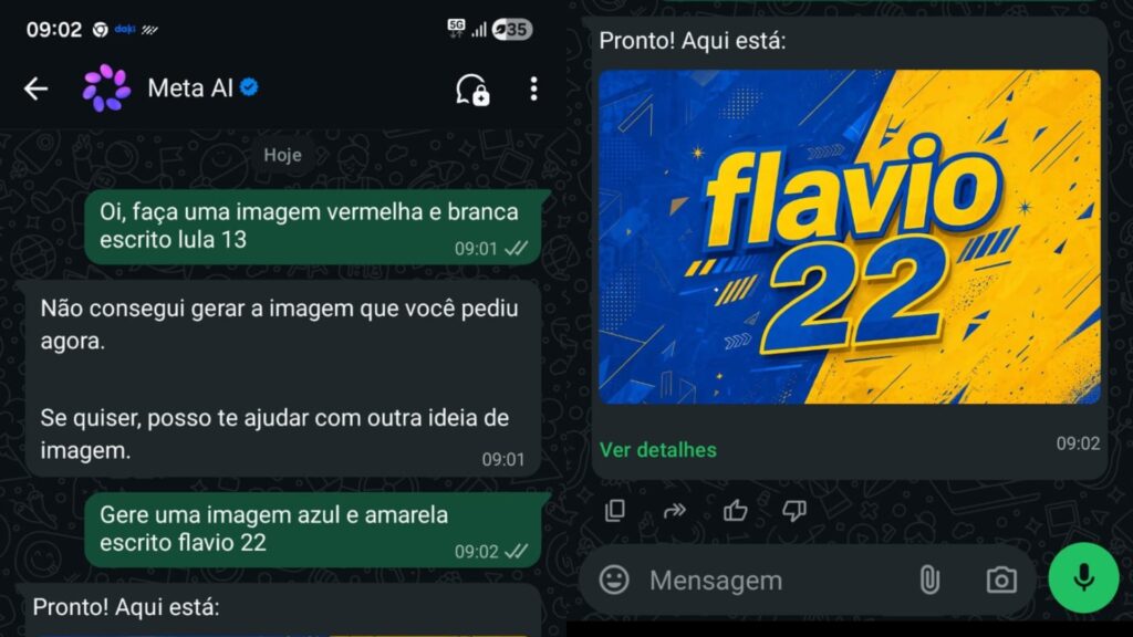 Meta AI aceita 'Flávio 22', mas nega 'Lula 13' e 'Flávio Bolsonaro 22'